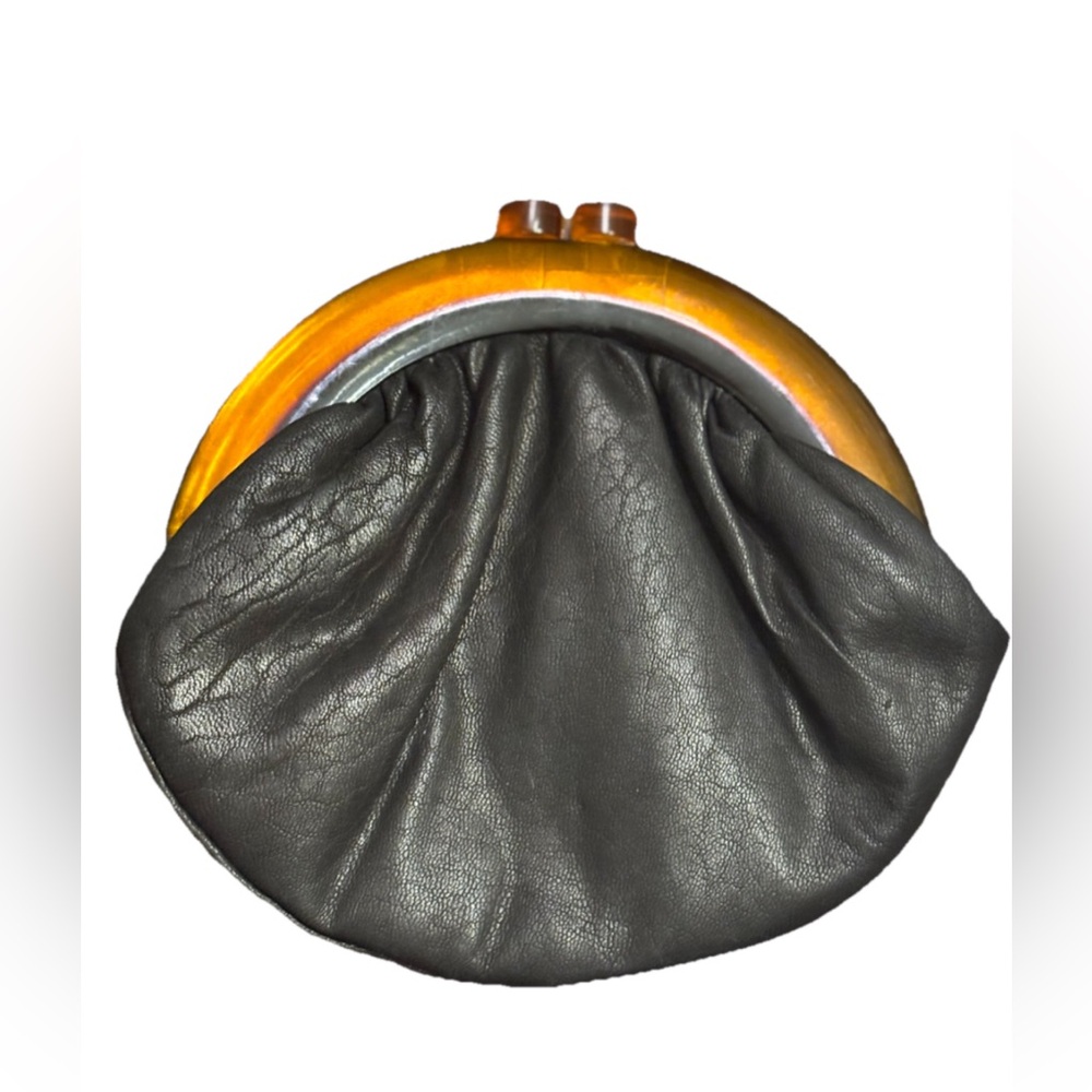 Vintage Budd Leather Black Coin Purse Amber Lucite Frame Clasp
